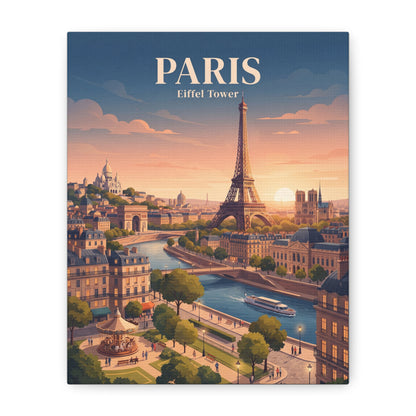 Matte canvas wall art of Eiffel Tower and PARIS title on a blue-toned sunset city scene
