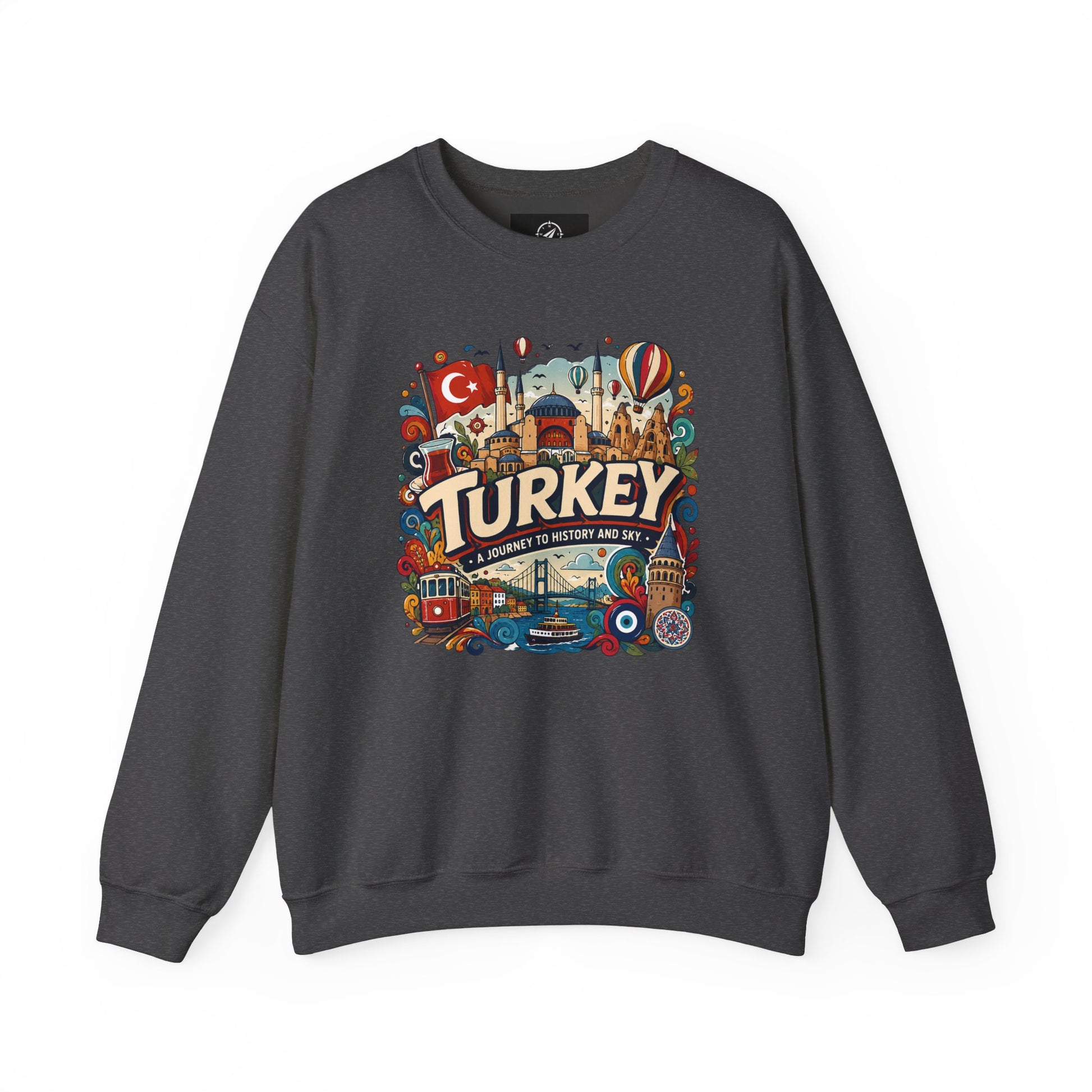 Dark crewneck sweatshirt with large Turkey city graphic at the center