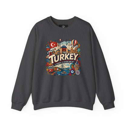 Dark crewneck sweatshirt with large Turkey city graphic at the center