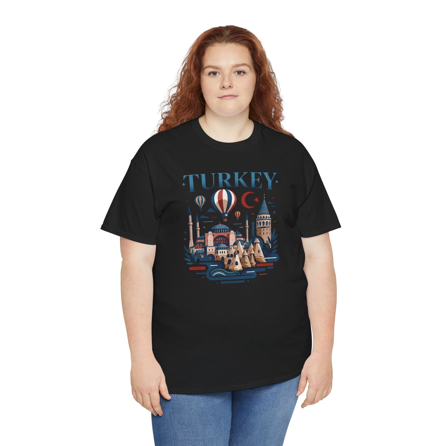 Black Turkey themed T-shirt with hot air balloons, skyline, and crescent moon print