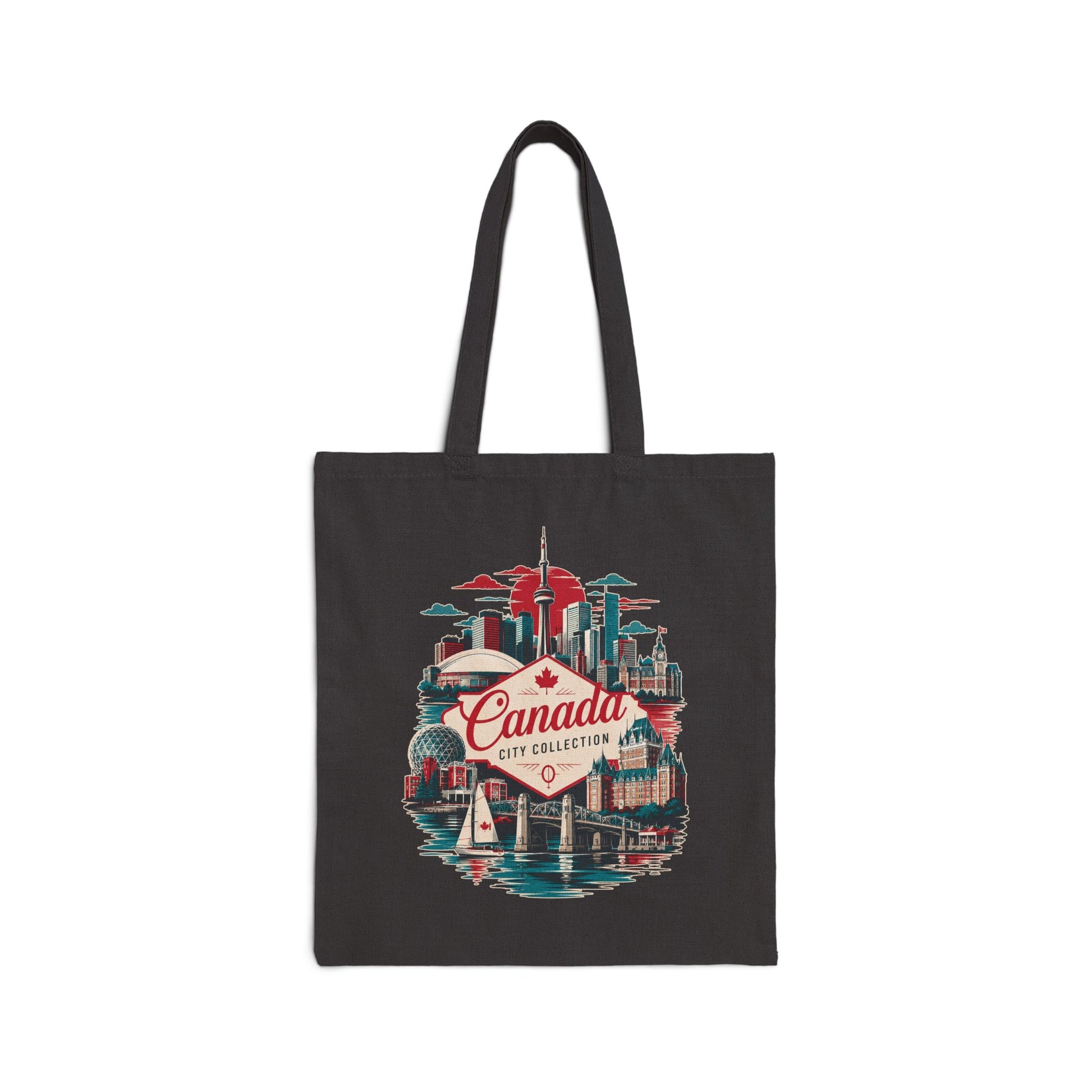 Black tote bag with Canada skyline graphic and red “Canada” logo on front