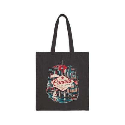 Black tote bag with Canada skyline graphic and red “Canada” logo on front