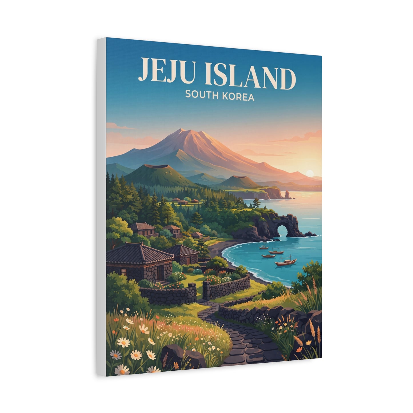 Matte canvas wall art of Jeju Island landscape with volcano over ocean, boats, and village roofs.