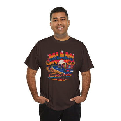 Dark brown T-shirt with front Miami skyline and "Sunshine & Vibes USA" graphic