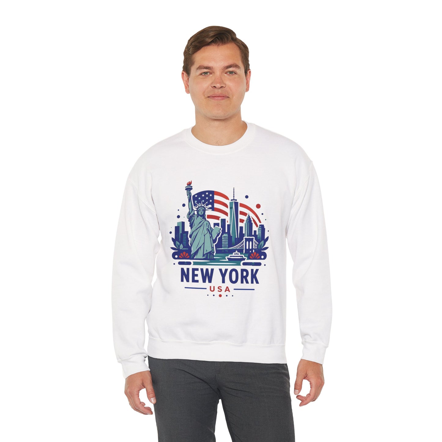 White crewneck sweatshirt with New York USA skyline graphic front