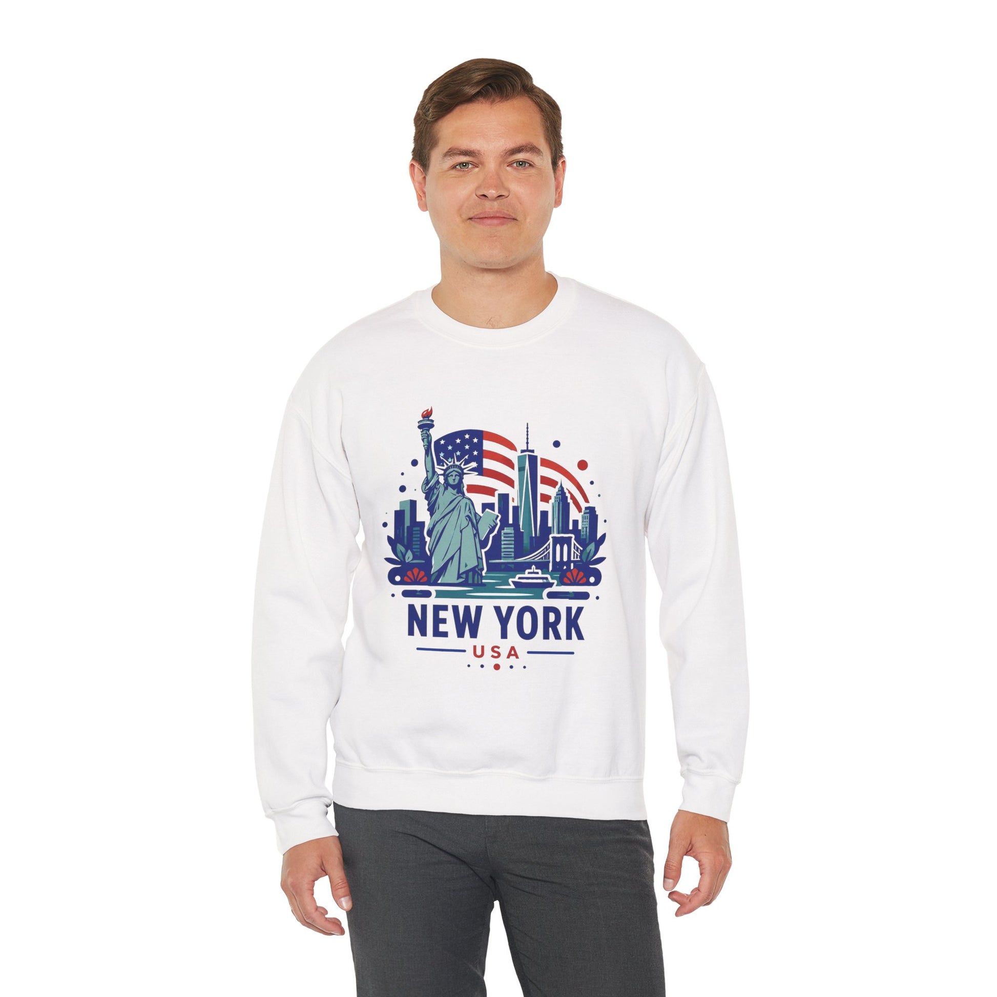 White crewneck sweatshirt with New York USA skyline graphic front