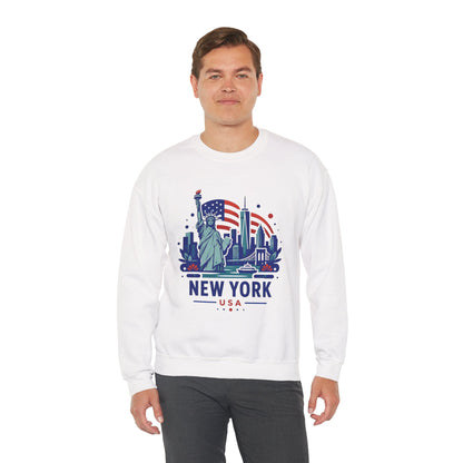 White crewneck sweatshirt with New York USA skyline graphic front