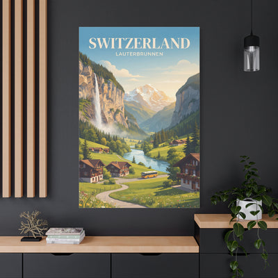 Switzerland Lauterbrunnen matte canvas wall art mounted on wall with scenic valley river