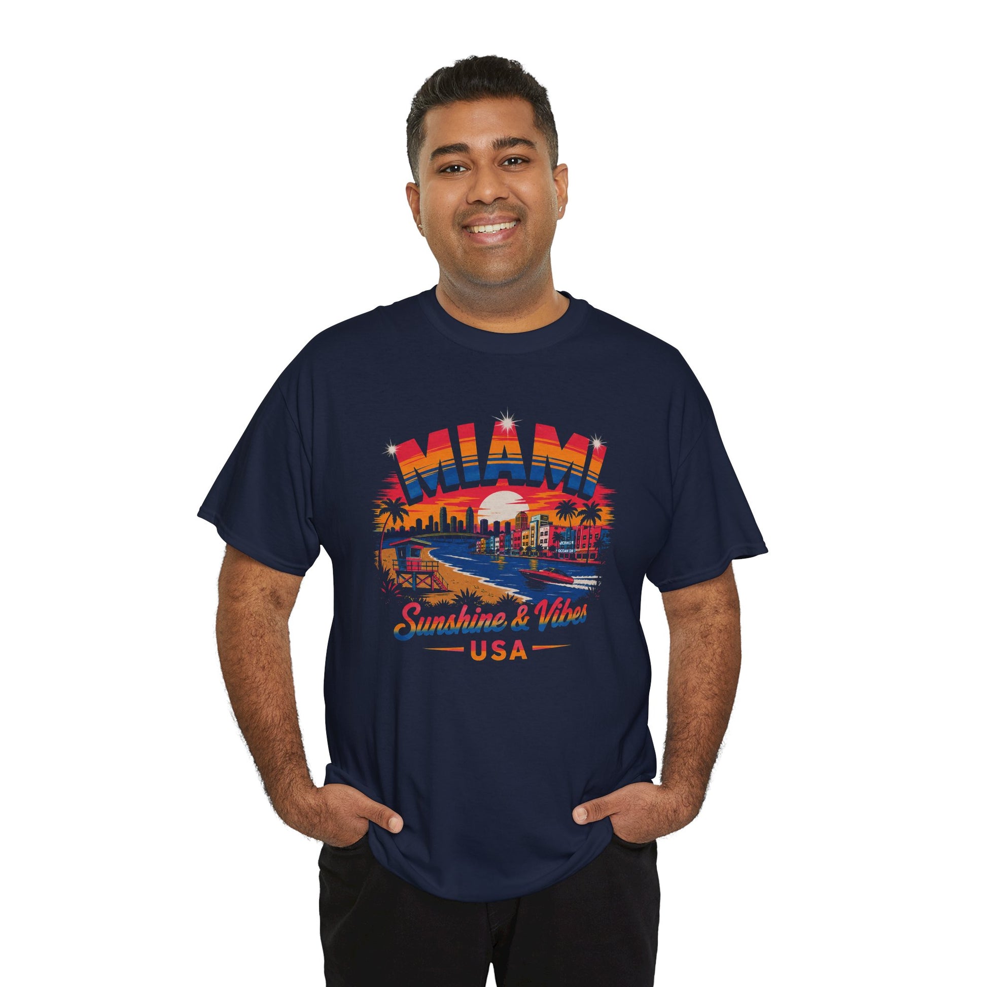 Navy Miami graphic T-shirt with colorful city “Sunshine & Vibes” USA front print