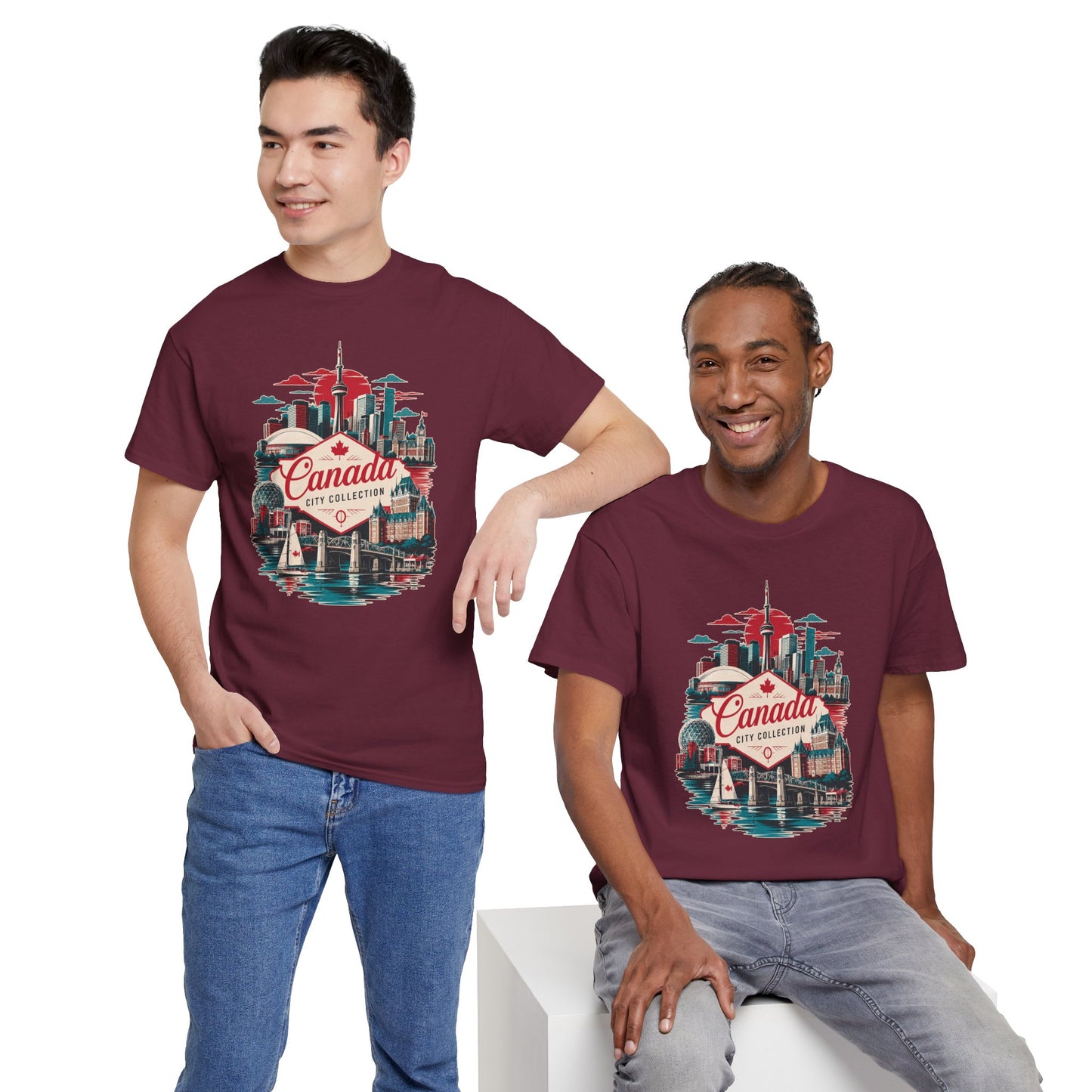 Maroon crew-neck T-shirt with Canada skyline graphic worn by models