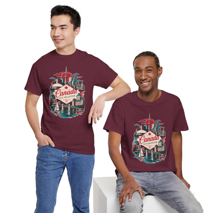 Maroon crew-neck T-shirt with Canada skyline graphic worn by models
