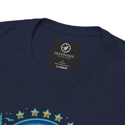 Navy travel T-shirt close-up with crew neck and partial star front graphic