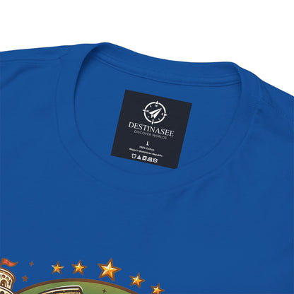 Royal blue vintage travel T-shirt close-up with neck label and partial star-and-map graphic