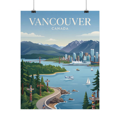 Hanging Vancouver Canada poster with harbor water, skyline, pine trees, and scenic road