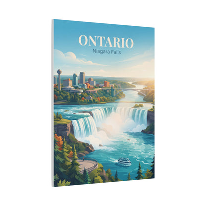 Vertical canvas wall art of Niagara Falls with city view, trees, and “Ontario” lettering
