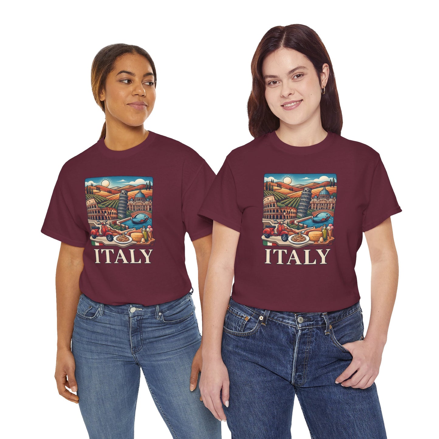 Maroon crewneck graphic T-shirt with colorful Italy scene and “ITALY” text