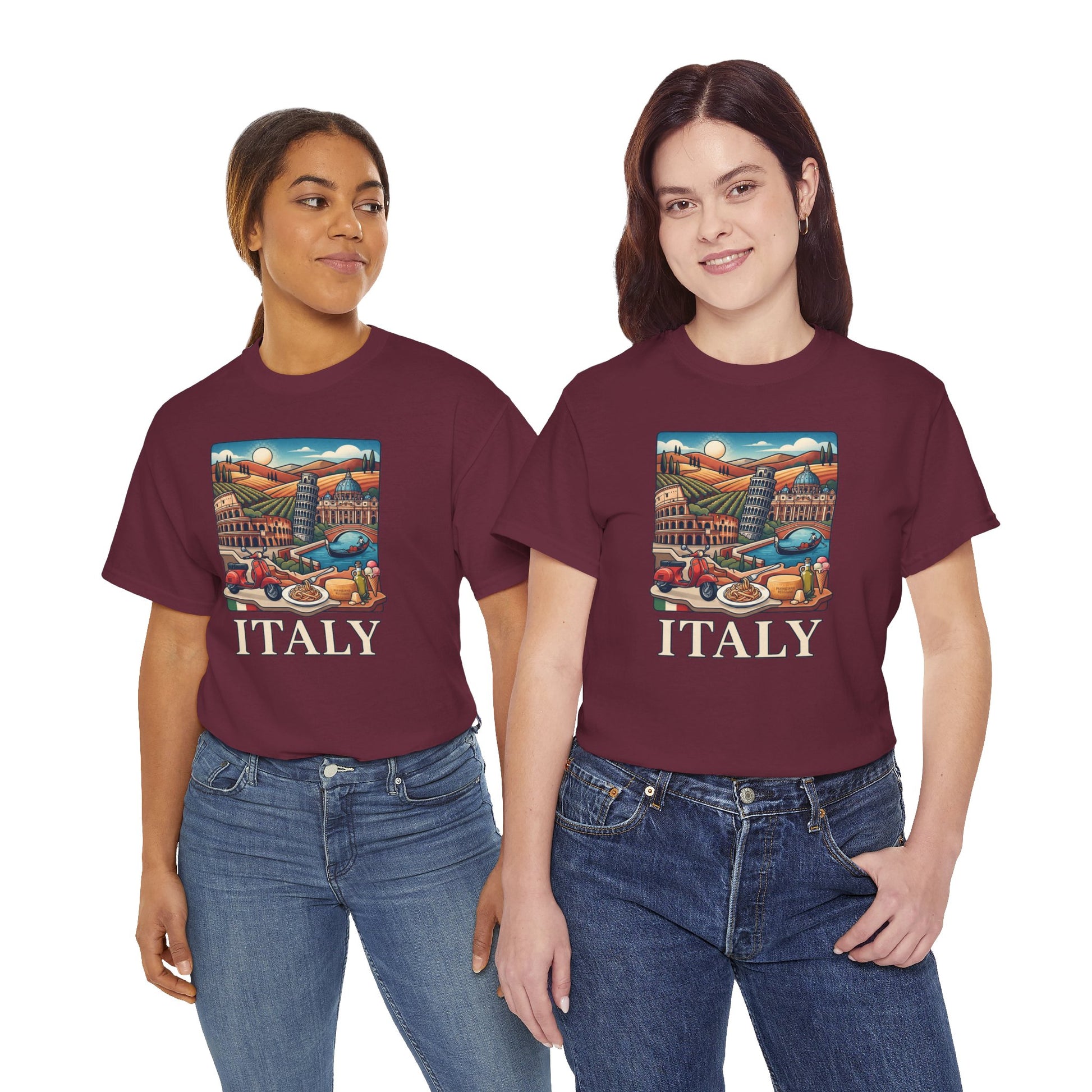 Maroon crewneck graphic T-shirt with colorful Italy scene and “ITALY” text