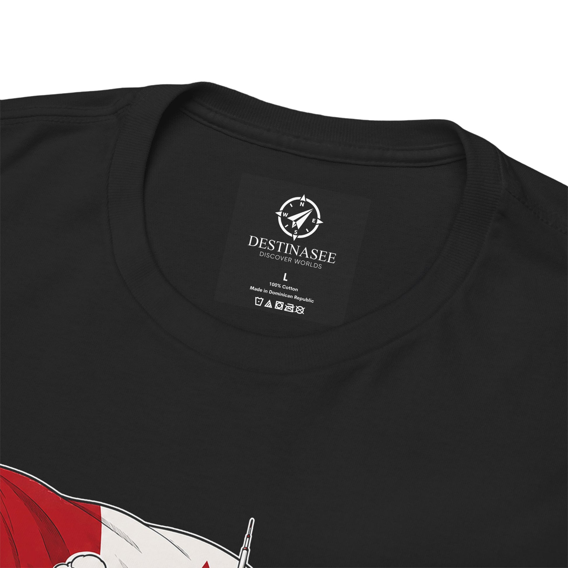 Men's black T-shirt neckline showing small square brand label and crew neck.