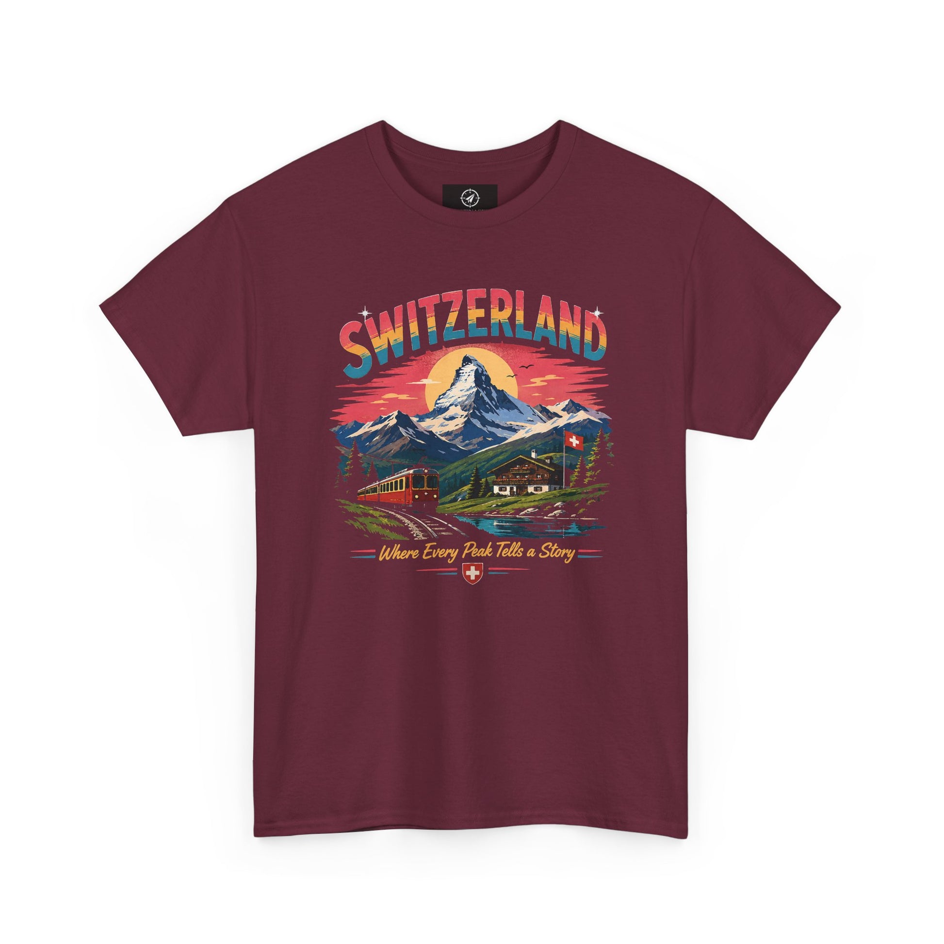Maroon Switzerland mountain graphic vintage t-shirt with colorful landscape front print