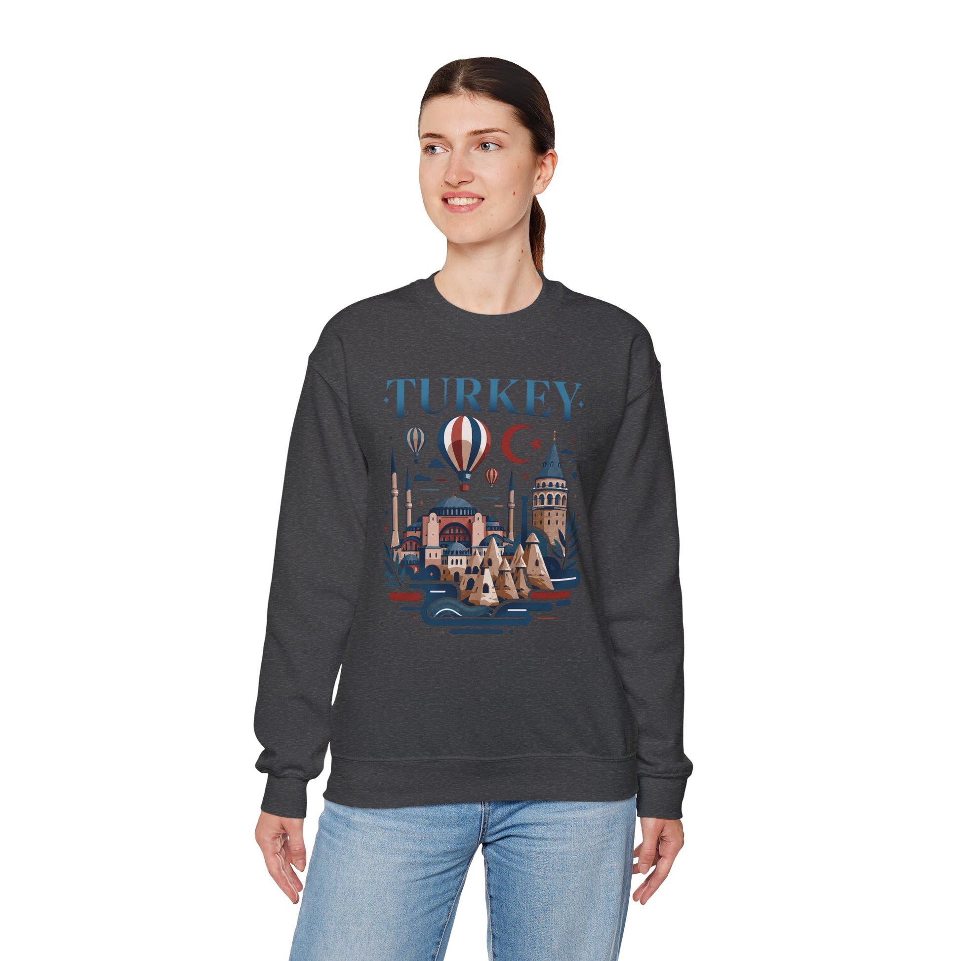Dark charcoal crewneck sweatshirt with Turkey skyline graphic on the front