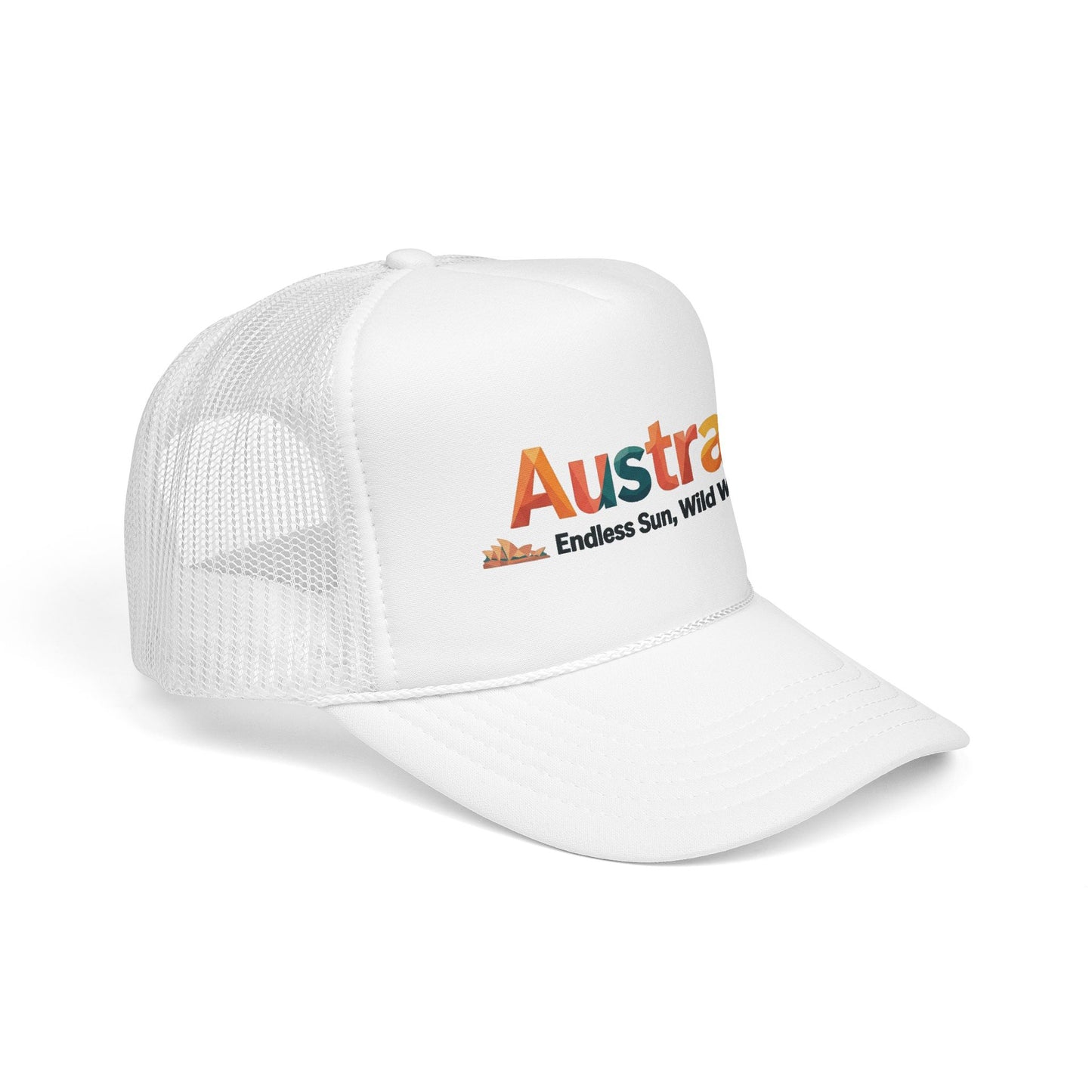 White trucker travel cap with mesh back and Australia logo patch