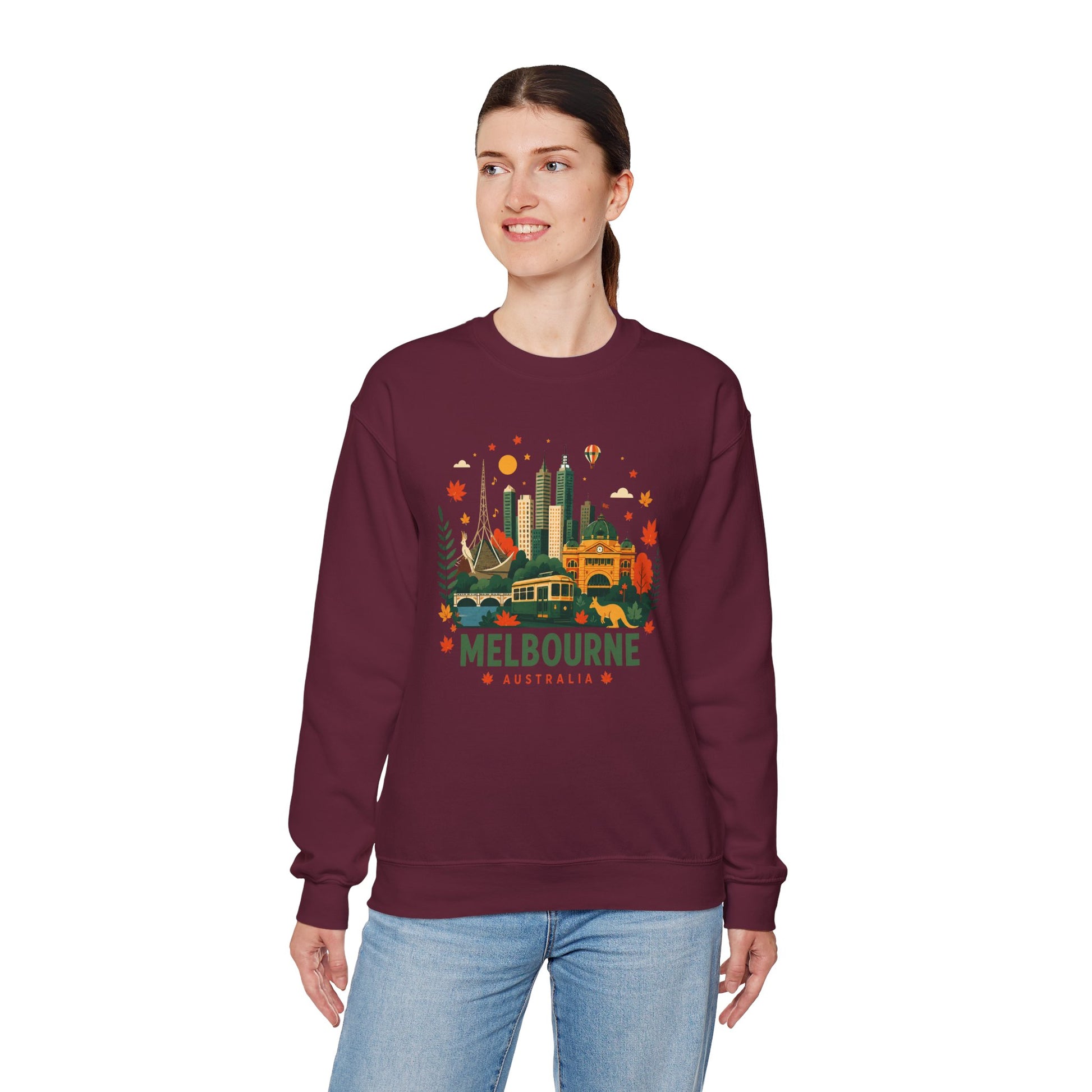 Maroon crewneck sweatshirt with Melbourne city graphic print
