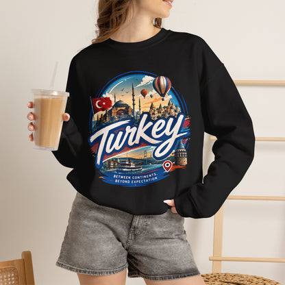 Black crewneck sweatshirt with large “Turkey” graphic, long sleeves and ribbed cuffs
