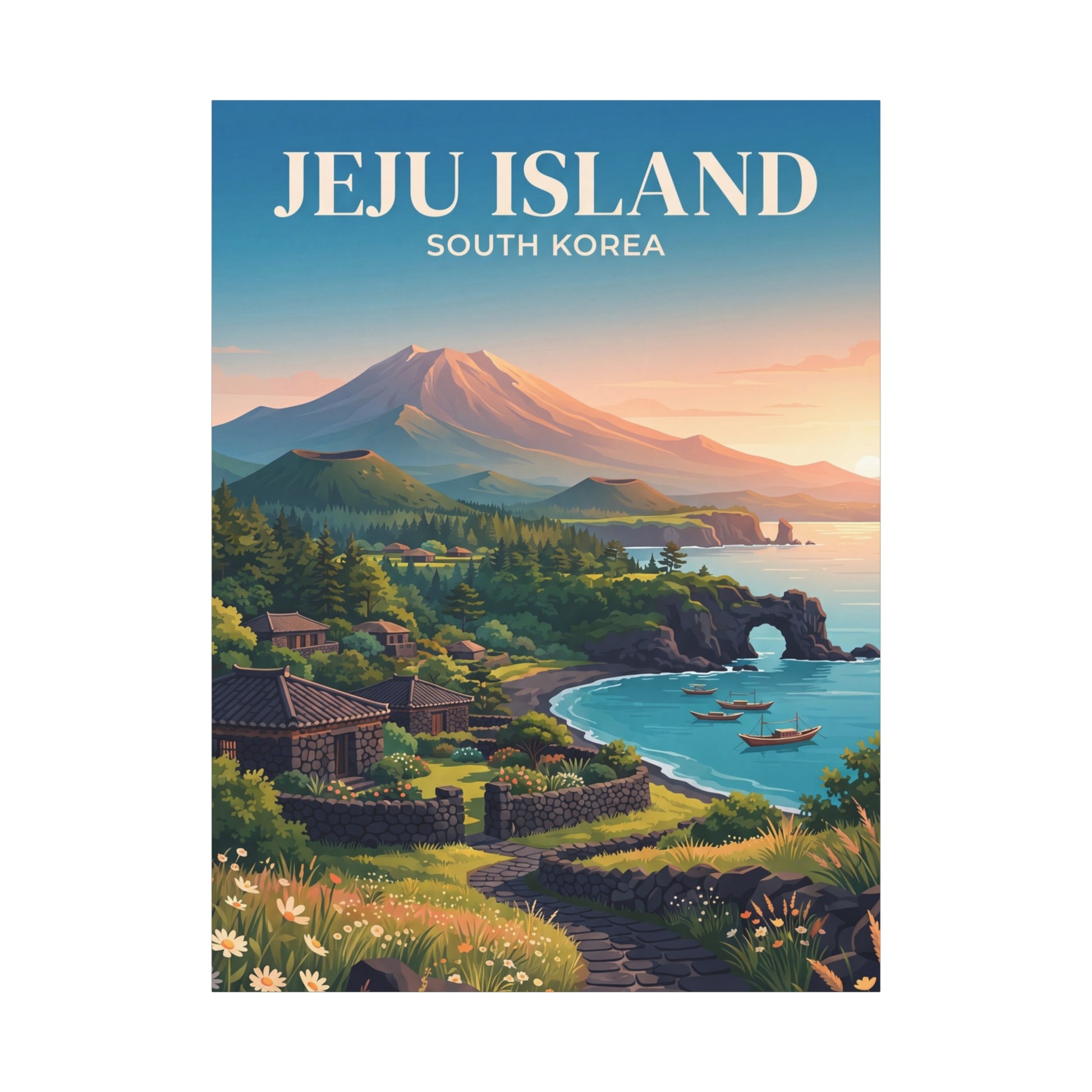 Matte canvas wall art of Jeju Island coast with volcano at sunset, boats and flowers.