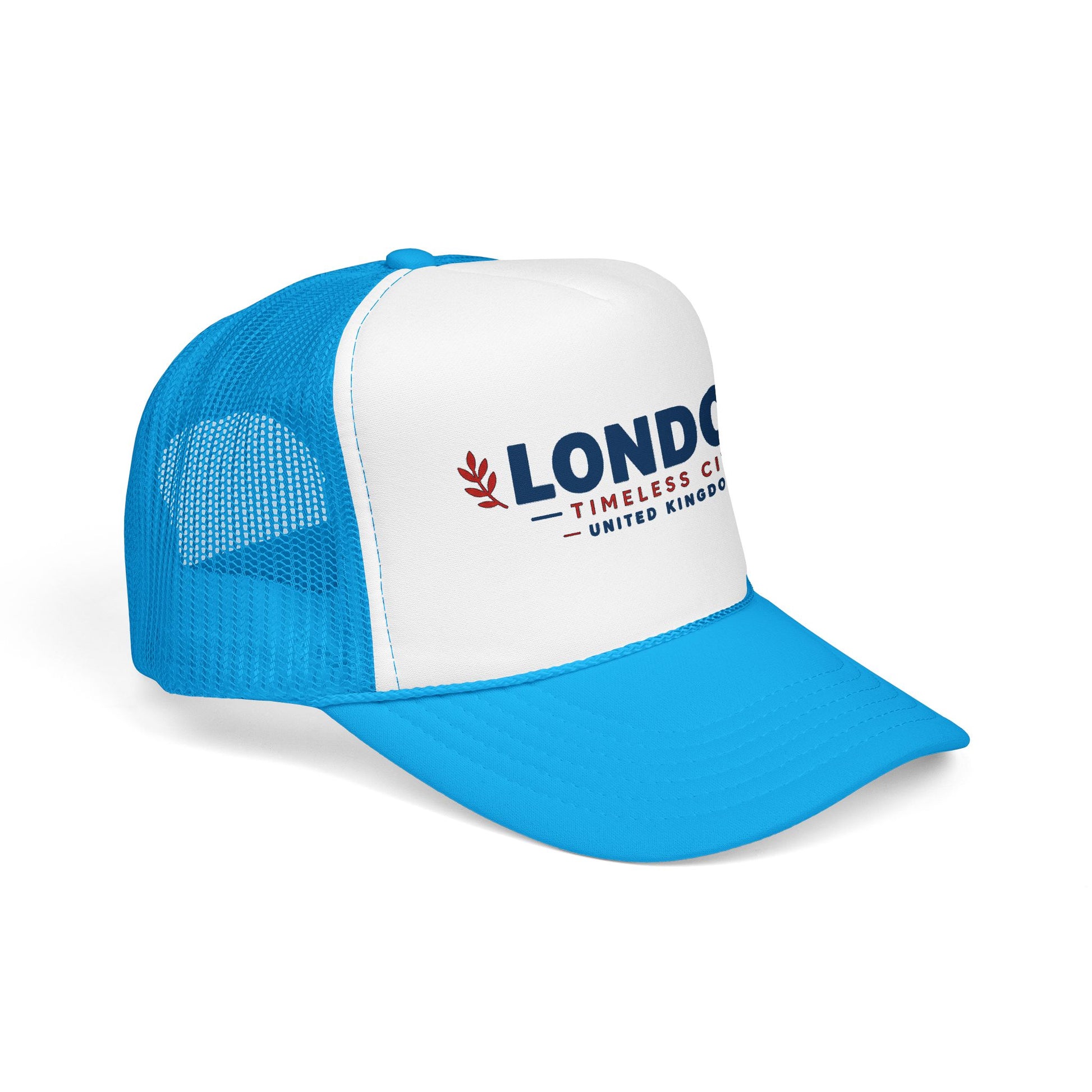 Blue-and-white foam trucker hat with mesh back and “LONDON” front logo