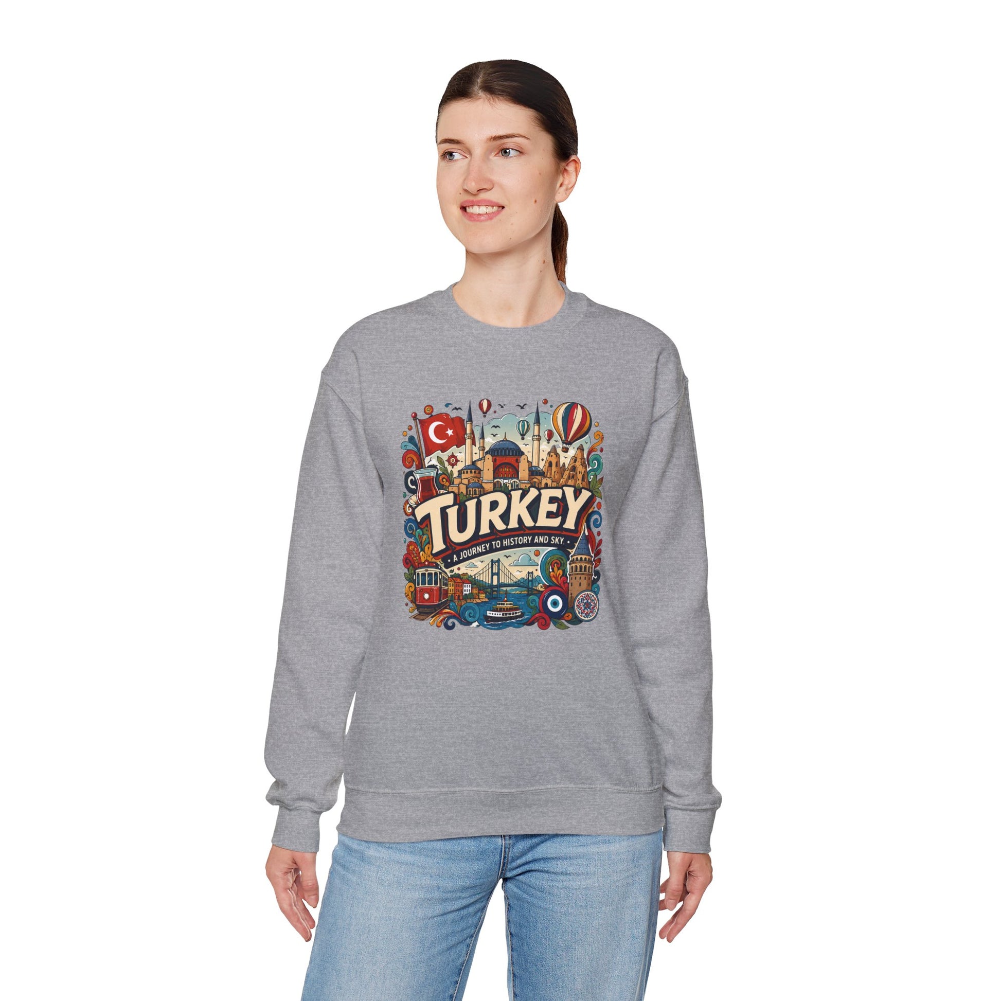 Sport grey crewneck sweatshirt with colorful Turkey travel graphic on chest