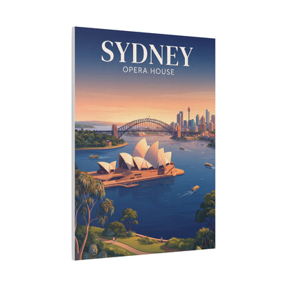 Vertical canvas wall art of Sydney Opera House on waterfront with bridge and skyscrapers.