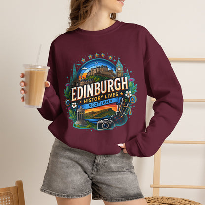 Maroon crewneck sweatshirt with colorful Edinburgh graphic print on front