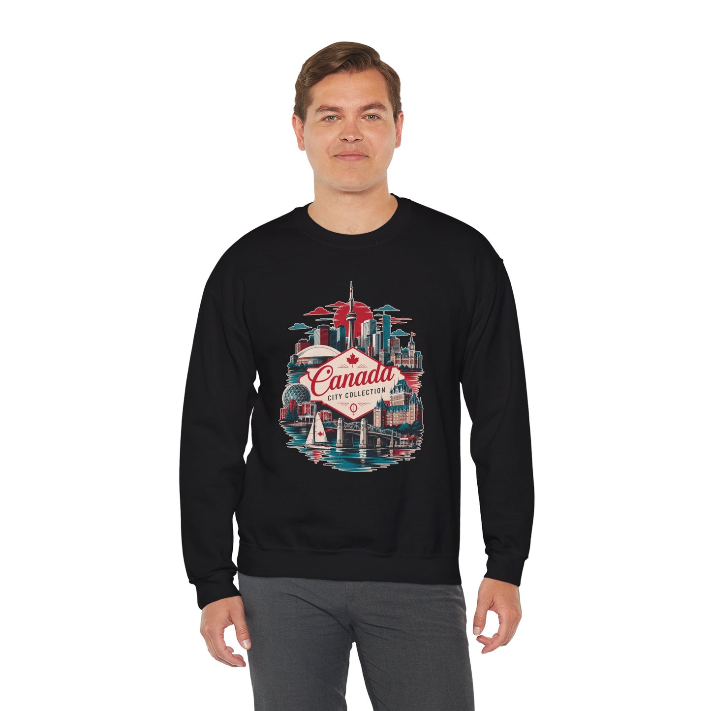 Black crewneck sweatshirt with Canada city skyline graphic, worn by a model.