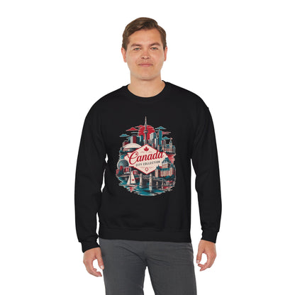 Black crewneck sweatshirt with Canada city skyline graphic, worn by a model.