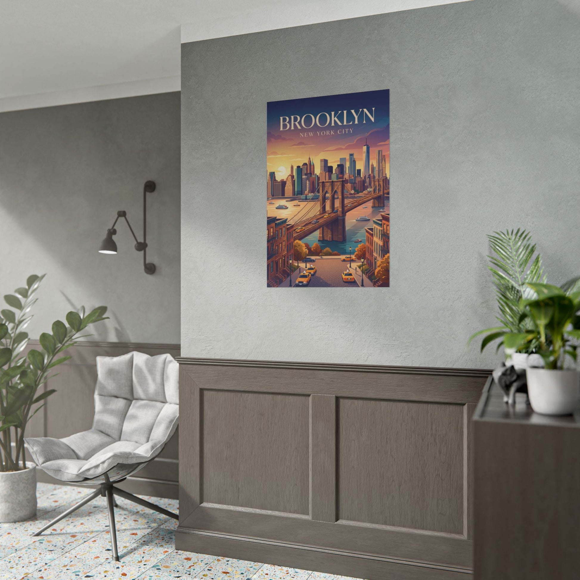 Rolled poster of Brooklyn skyline at sunset with bridge, mounted on wall