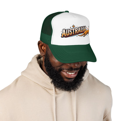 Trucker hat with white front and dark green mesh sides; Australia logo graphic