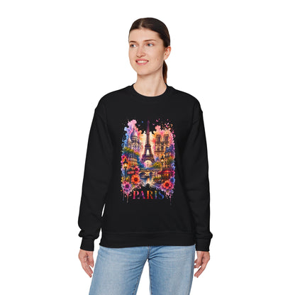 Black crewneck sweatshirt with colorful Paris Eiffel Tower watercolor graphic