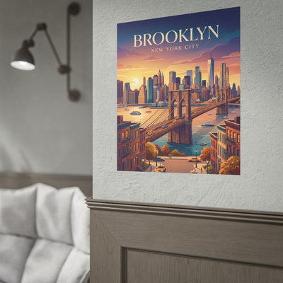 Small wall poster with Brooklyn sunset skyline, bridge scene, and title text