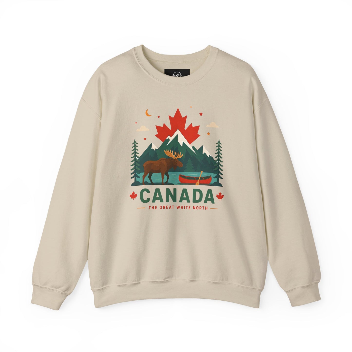 Sand/beige crewneck sweatshirt with Canada graphic and canoe scene at center front