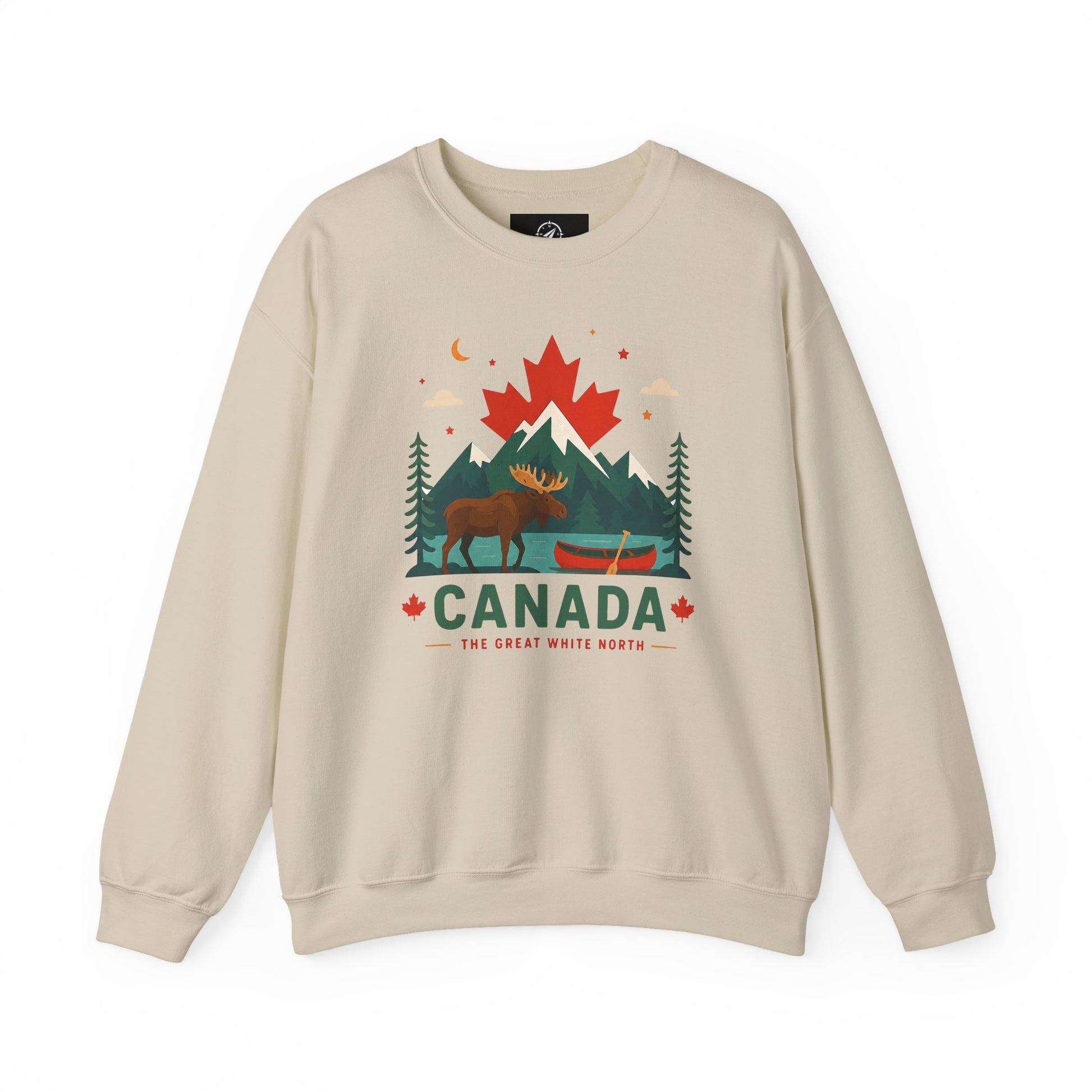 Sand/beige crewneck sweatshirt with Canada graphic and canoe scene at center front