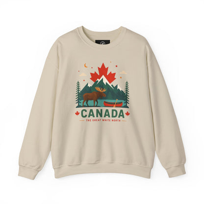 Sand/beige crewneck sweatshirt with Canada graphic and canoe scene at center front