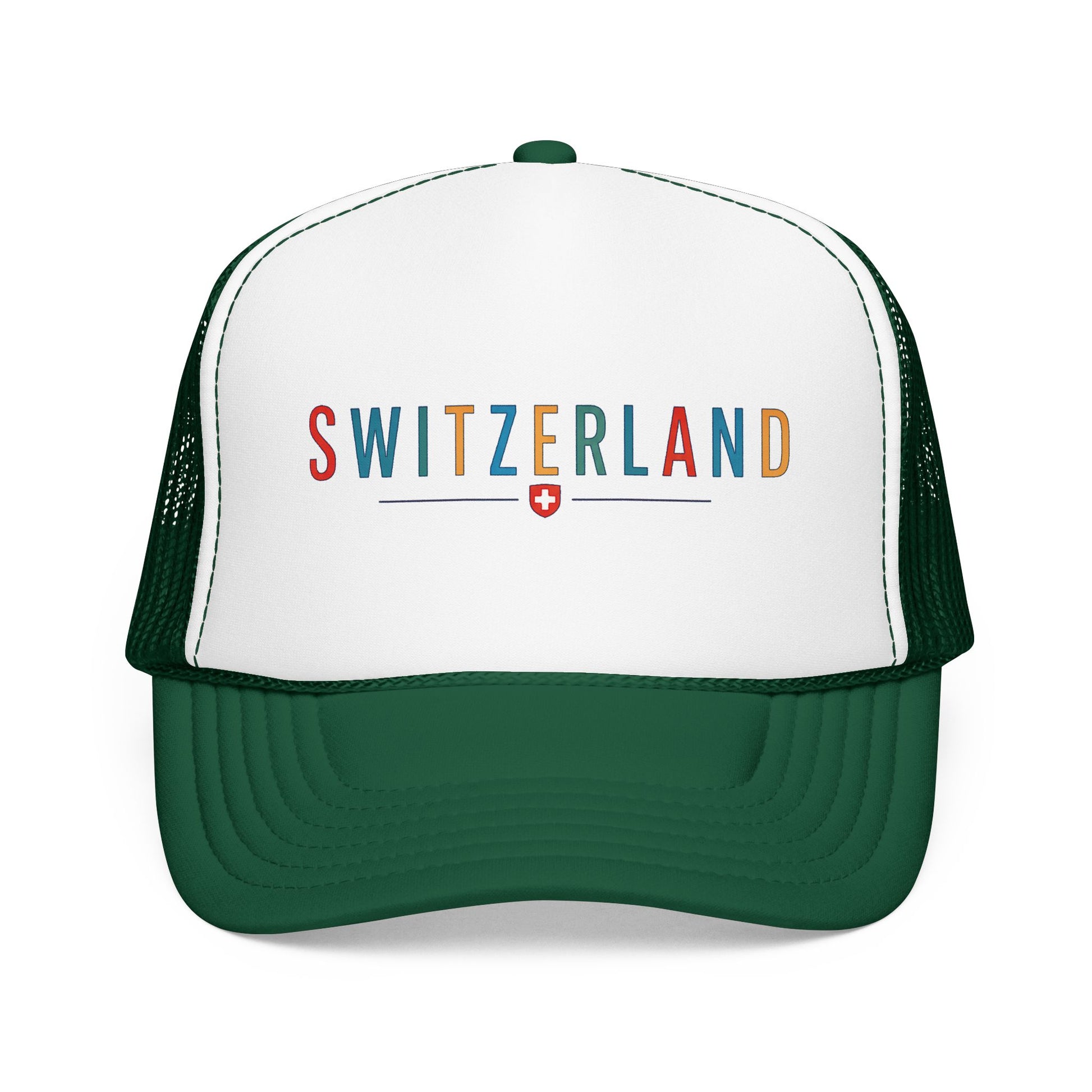 Foam trucker cap with Switzerland logo, white front and dark green mesh back