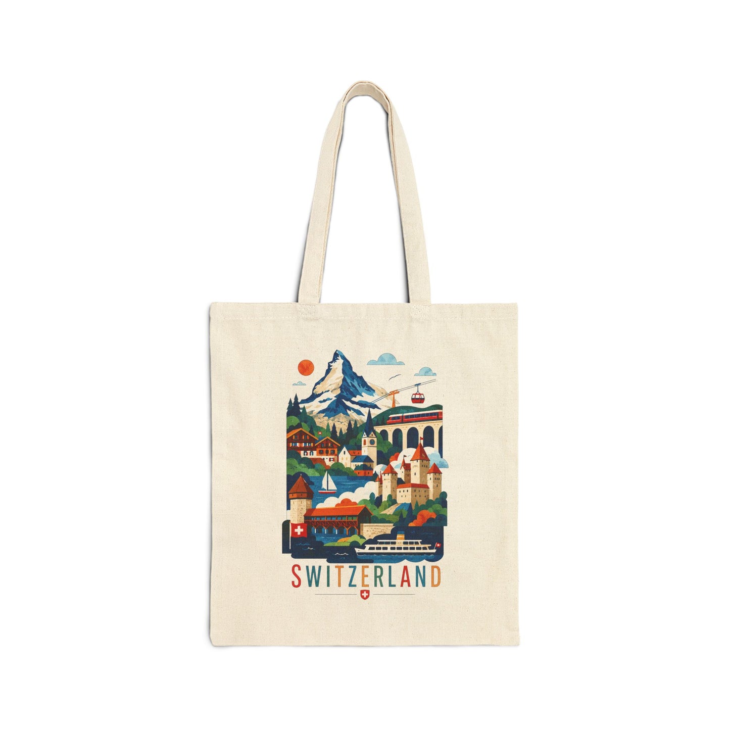 Natural canvas tote bag with colorful Switzerland scenic print and red “SWITZERLAND” text.