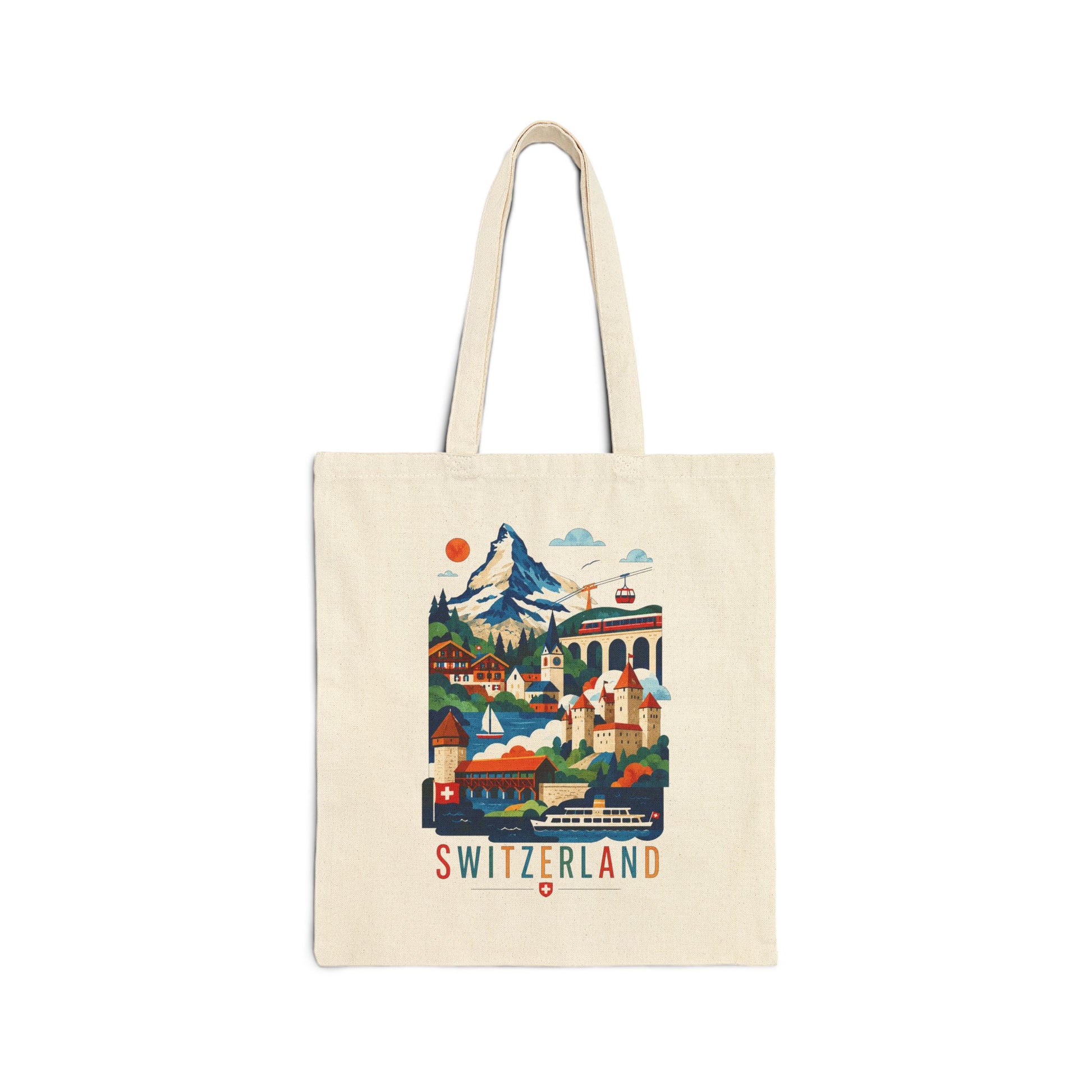 Natural canvas tote bag with colorful Switzerland scenic print and red “SWITZERLAND” text.