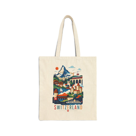 Natural canvas tote bag with colorful Switzerland scenic print and red “SWITZERLAND” text.