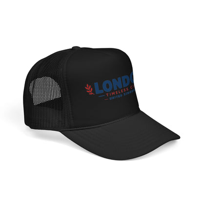 Foam trucker hat with black front and black mesh back, featuring embroidered London logo.