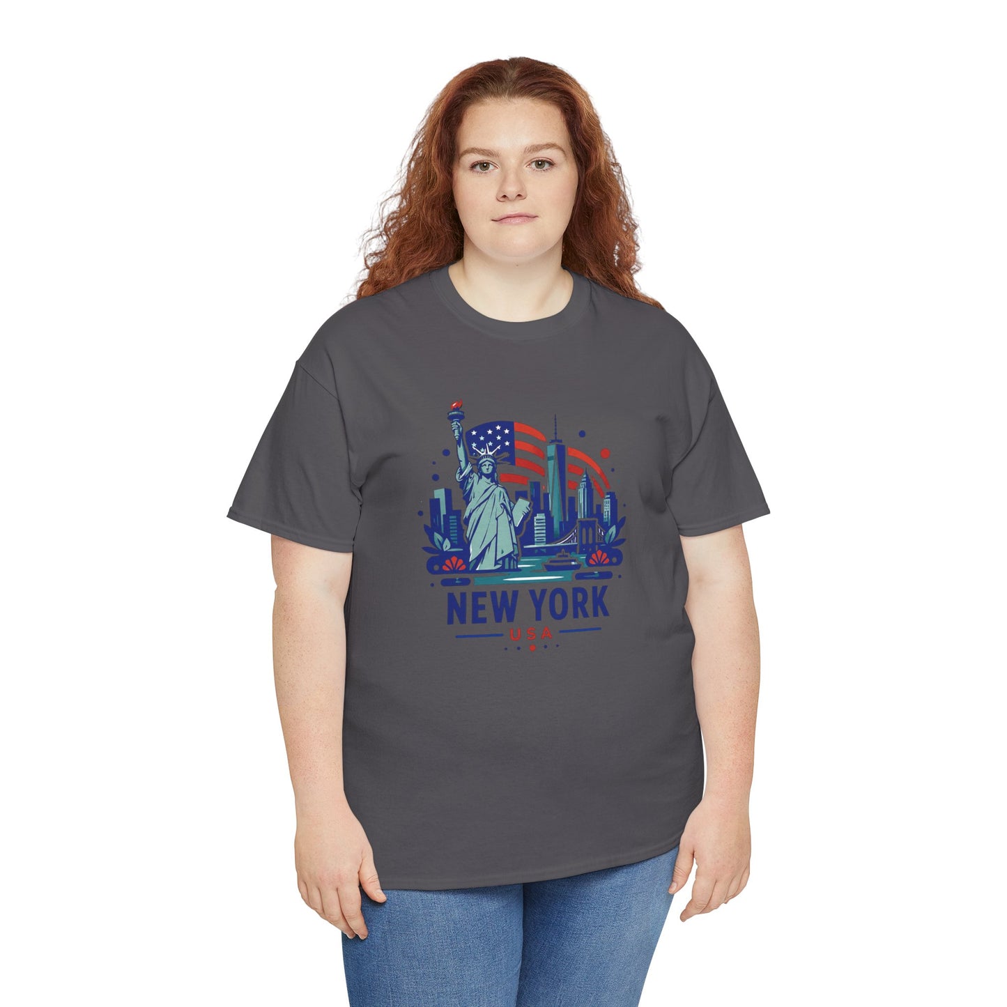 Charcoal T-shirt with Statue of Liberty graphic and “NEW YORK USA” on front