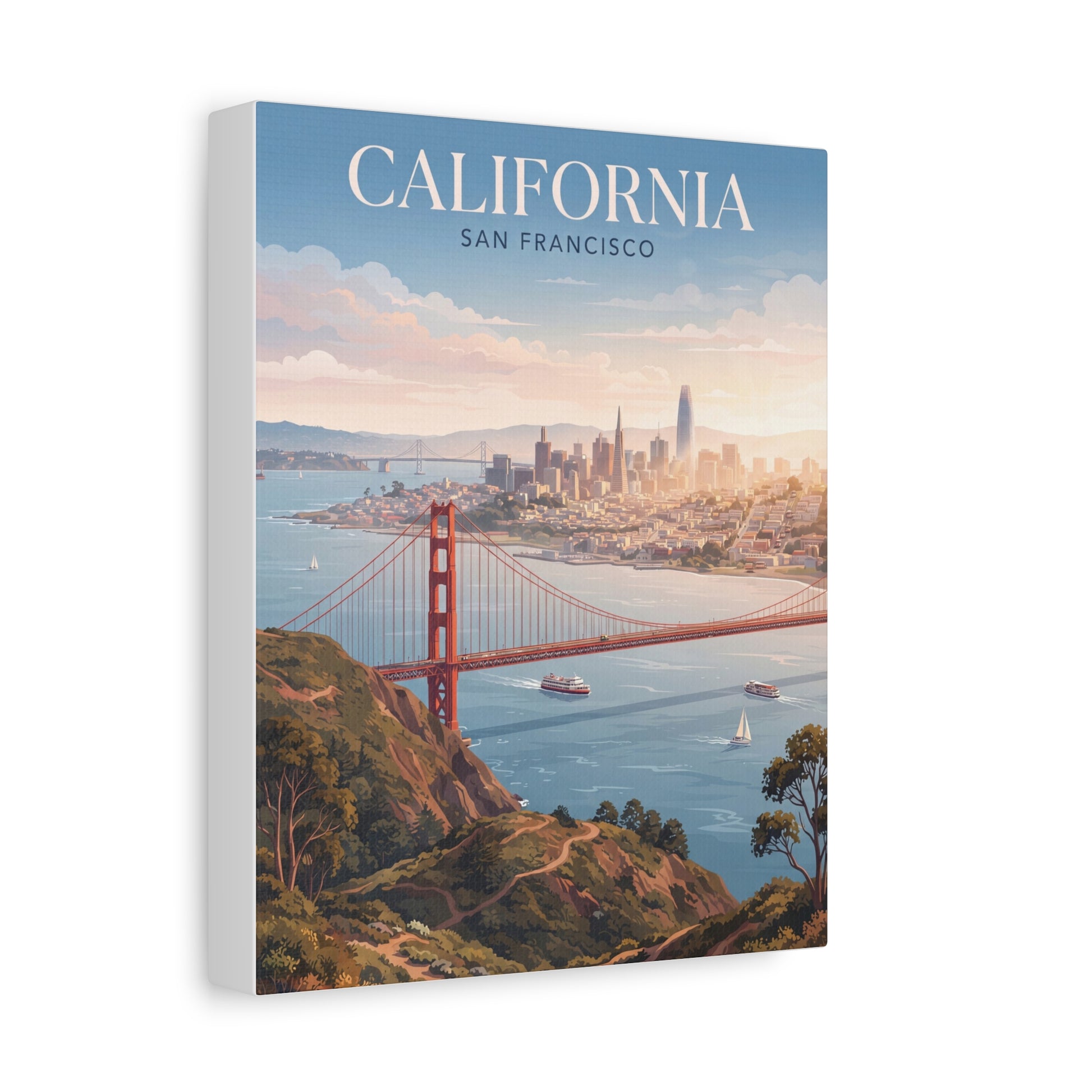 Golden Gate Bridge canvas wall art with city skyline, bay view, and coastal hills