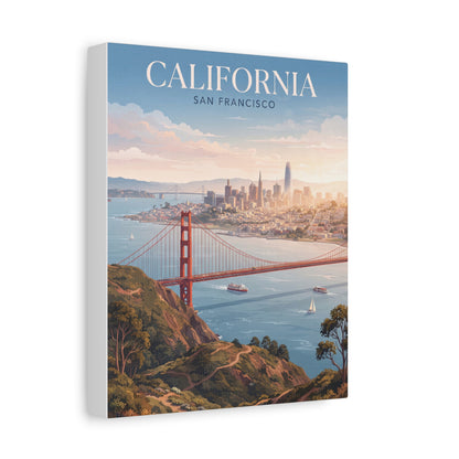 Golden Gate Bridge canvas wall art with city skyline, bay view, and coastal hills