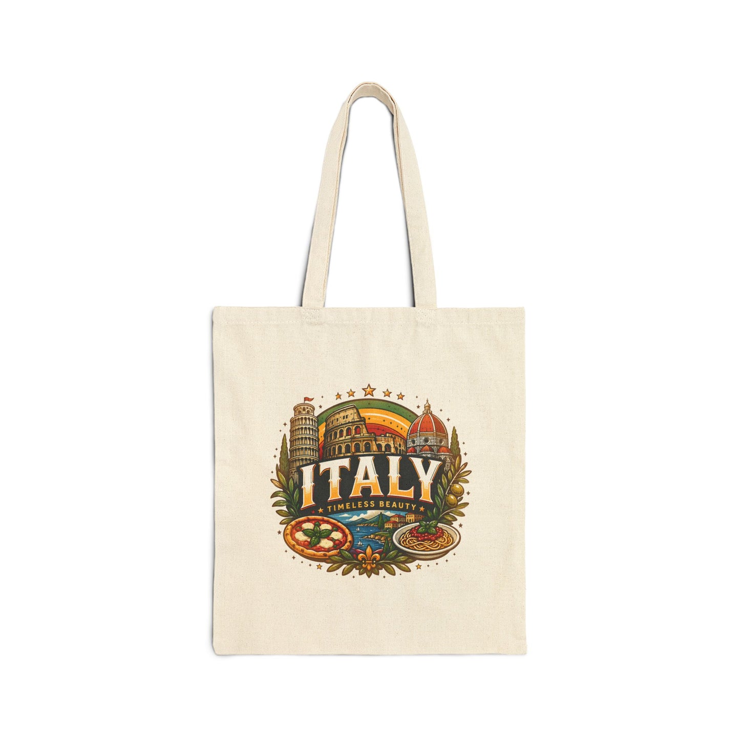 Natural canvas travel tote bag with “Italy” colorful vintage landmark graphic
